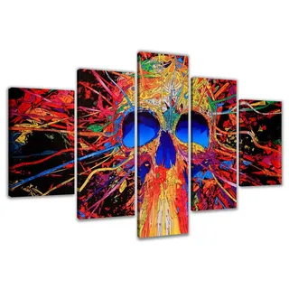 Visario Leinwandbild Totenkopf 5-teilig 160x80 cm 5532 – Wandbild Totenkopf bunt Splash Art Skull mehrfarbig, XXL Kunstdruck auf Leinwand mit Holzrahmen, Wanddeko Jugendzimmer