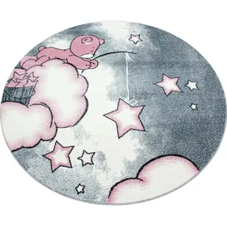 Ayyildiz Teppiche Kinderteppich Kids 580, rund, Höhe: 12 mm, auch rechteckig, Motiv Sterne, Teddybär, Kurzflor grau|rosa Ø 120 cm x 12 mm