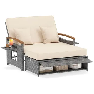 COSTWAY Polyrattan Gartensofa mit Liegefunktion, Sonnenliege mit verstellbarer Rückenlehne, ausklappbarem Seitenablage, Auflage Loungebett Doppell... - Grau/Beige
