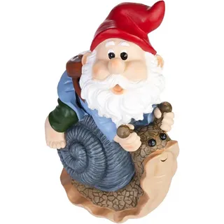Brubaker Gartenzwerg auf Schneckenhaus - Zwerg mit fröhlicher Schnecke - Gartenfigur Lustig - Dekoration Wetterfest für Garten Campingplatz - Gartendeko für außen - 24 cm groß