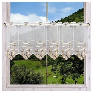 DSD Design-Studio Drechsler Bestickte Scheibengardine Schmetterling gelb-braun mit hochwertiger Plauener Stickerei 35 x 64 cm