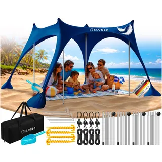 eloneo Strandzelt, Sonnensegel Strand 300x300x200 cm, LSF 50+, Sonnenschutz für Strand mit Sandschaufel, Heringen und Stabilitätsstangen, 8 Personen, Navy