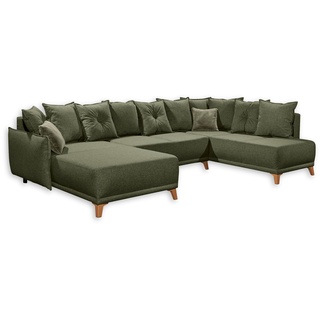 PAMPLONA Wohnlandschaft in U-Form, Grün - Ausziehbares Sofa mit Schlaffunktion und Bettkasten - 338 x 91 x 212 cm (B/H/T)