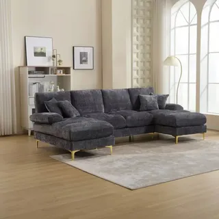 lanki international gmbh ODIKALO Loungesofa U-förmiges Chaiselongue Sofacouch Dekokissen Chenille-Stoff - Grau