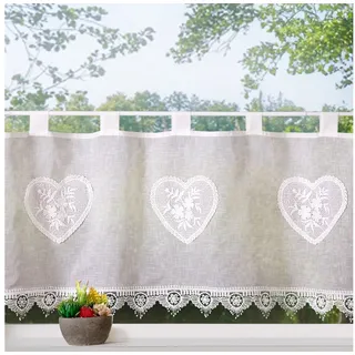 heimtexland Scheibengardine Landhaus Gardine Leinen Optik natur Kurzstore, Schlaufen (1 St), halbtransparent, Polyester, Schlaufen Bistrogardine 45x120 cm I Herz I Macramée Borte beige