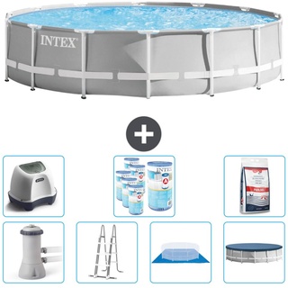 Intex Round Prism Frame Swimming Pool – 427 x 107 cm – Grau – inklusive Pumpe – Leiter – Bodenplane – Abdeckung Salzwassersystem - Filt...