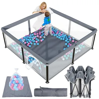 Laufstall Baby mit Matratze, Indoor & Outdoor Laufgitter Baby, Laufstall Baby Faltbar, Laufstall mit 50 Ozeanbällen (Grau, 127 * 127)