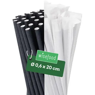 Wisefood Papier-Strohhalm, schwarz, einzeln verpackt, Ø 0,6 x 20 cm: 500 Strohhalme