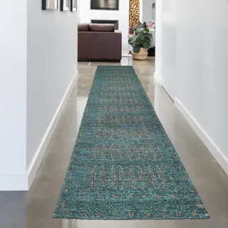 CARPETIA Teppich Läufer Flur Exotisch Orientialisches Muster Hautsympathisch hochwertig | Petrol Gold, 80 x 300 cm