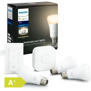 Philips Hue White Starter-Set: 3 smarte Lampen E27 (800) + Dimmschalter, Set für intelligente Beleuchtung, Bluetooth/Zigbee, Weiß, 0 - 12 m, LED,...