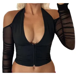 ORANDESIGNE Damen Langarm T-Shirt T2K Unregelmäßige Patchwork Crop Tops Frauen Aushöhlen Neckholder Crop Camis mit Halbarmhandschuhen Schulterfrei Harajuku Tee Shirt