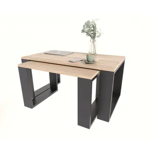 2er Set Couchtisch Westa Sonoma Eiche Schwarz Modern Rund Beistelltisch