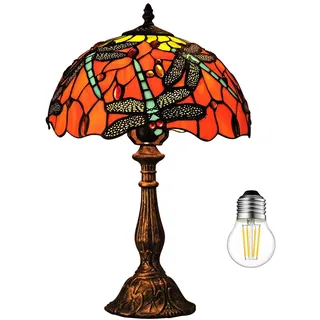 Kinbolas Tischlampe im Tiffany Stil,Vintage Nachttischlampe Schlafzimmer Deko Lampe,Jugendstil Tischleuchte,Rote Libelle buntglas lampenschirm 30cm/ 12 Zoll,Harz-Basis mit Kabel und E27 LED Birne(E-6)