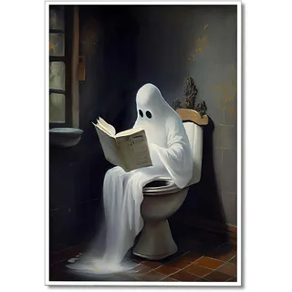 Wodkodnxy Vintage Cute Ghost on Toliet Lesebücher Leinwand Wand Kunst Lustige Gothic Ästhetische Poster Horror Halloween Bilder Gruselige Dark Academia Wanddekoration für Waschraum Badezimmer 30,5 x