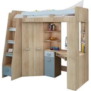 Hochbett mit Schreibtisch, Schrank und Regalen - Platzsparendes Jugendbett - Komplettes Möbelset (120x204 cm) - Kinderbett 80x200 cm mit Stauraum - Treppe Linken Seite (Eiche Sonoma/Himmelblau)