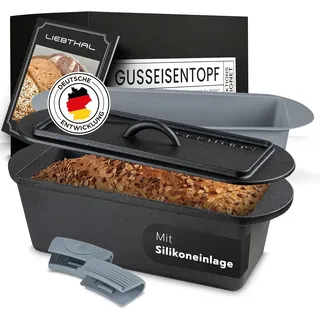 Liebthal Brotbackform aus Gusseisen - mit Deckel, eingebrannt, Silikoneinlage, 3,5L, Silikongriffe, für alle Herdarten schwarz