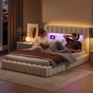 QMTXBYJ Polsterbett Doppelbett 180x200 mit Hydraulisch Stauraum, LED Bett 180x200 mit Bettkasten und Lattenrost, Staufach-Kopfteil mit USB Ladestation, Stauraumbett Funktionsbett aus Holz und Leinen