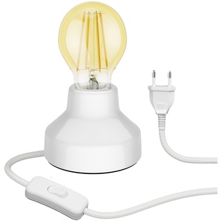 ledscom.de E27 Porzellan Tischlampe TIX, rund Stecker, Schalter, weiß + E27 LED Lampe gold max. 778lm, 3-Stufen dimmen, extra-warmweiß