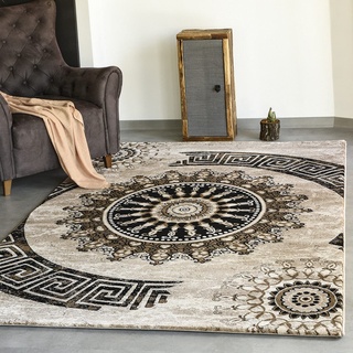 VIMODA Teppich kurzflor Klassisch Orient Design Vintage Mandala Dunkelbraun Braun Beige, für Wohnzimmer, Schlafzimmer, Maße:160 x 230 cm
