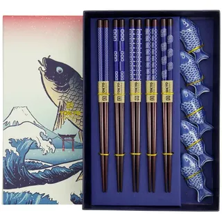 Tokyo Design Essstäbchen FISCH inkl. Stäbchenablage – 5 er Set – braun-blau