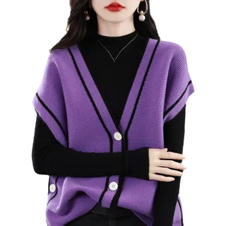 OFFSUM Gestrickte Pulloverweste Für Damen - Herbst Einreiher Koreanischen Stil Casual Pullover Weste V-Ausschnitt Patchwork Strickjacke Ärmellose Strick Weste Mantel