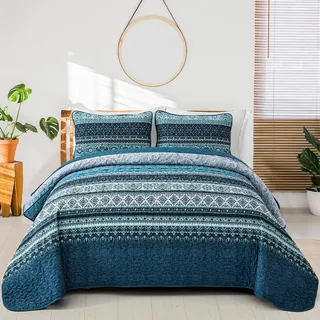 WONGS BEDDING Tagesdecke 220x240 Bettüberwurf Boho Decke Steppdecke 3 Teilig Doppelbett Gesteppt Bettdecke Mikrofaser Wohndecke mit 2 Kissenbezug 50x75 für Schlafzimmer als Sofaüberwurf (Dunkelblau)