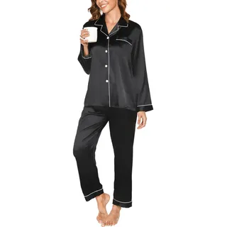 Reliwel Satin Schlafanzug Damen Langarm Pyjama Set mit Knopfleiste V-Ausschnitt Zweiteiliger Nachtwäsche Weiche Seiden Pyjamas Klassische Loungewear Hausanzug Pjs Schwarz, S - S