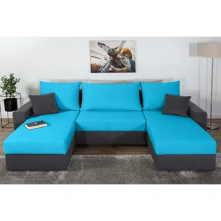 Collection AB Wohnlandschaft COLLECTION AB "Pico U-Form, B: 252 cm", grau (anthrazit, blau), B:252cm H:39cm T:158cm, 100%Polyester, Sofas, Wohnlandschaft, Bettfunktion, Bettkasten & 2 Zierkissen