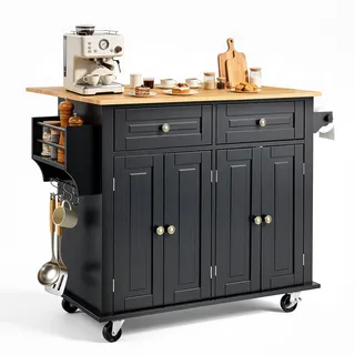 Vevor Kücheninselwagen, 110 cm mobiler Wagen mit Holzplatte und Lagerschrank, Rolltisch mit Klappplatte, Gewürzregal, Handtuchhalter, verstellbarem Regal, Schublade und Haken, tragbare Inseln Rollbar