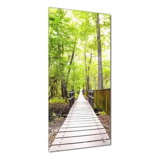 Wallario Duschrückwand Spaziergang im Wald Holzweg über einen Fluss, (1-tlg) gelb 70 cm x 190 cm
