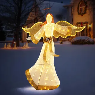 GYMAX 160cm beleuchteter Weihnachtsengel mit 180 LED-Lichtern, Weihnachtsdekoration mit Flügeln, Heiligenschein & Schleife, LED Engel, Weihnachtsdeko für Innen- & Außenbereich