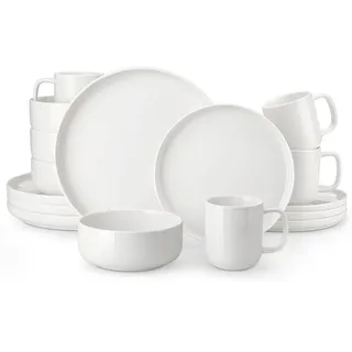 MALACASA Geschirrset 4 Personen, LUNA 16-teilig Tafelservice aus Weißem Porzellan, Modernes Geschirr Set mit Speiseteller, Dessertteller, Müslischalen und Kaffeetassen