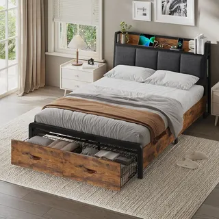 KIMENICH Bett 140x200 cm, Metallbett Bettgestell mit Ladestation und 2 Schubladen, Schwarz + Vintage Braun - Schwarz/Braun