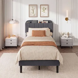 IRONCK Polsterbett 90x200, Einzelbett, 3-Fach höhenverstellbarem Kopfteil | Bett 90x200 mit Stauraum im Kopfteil, Stoffbett Bettgestell mit Lattenrost, Jugendbett mit abgerundeten Ecken, Dunkelgrau