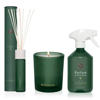 RITUALS Jing Duft Set, Calming Routine 3er Set - Kerze 290g, Duftstäbchen 230ml, Raumduft Spray 500ml, Düfte für Damen & Herren, inkl. Filabe Pflegetücher