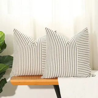 Hckot Patchwork-Kissenbezüge im Bauernhaus-Stil, gestreift, dekorativ, für Sofa, Couch, Bett, Stuhl, Moderne Boho-Dekoration, Schwarz und Beige, 45,7 x 45,7 cm, 2 Stück