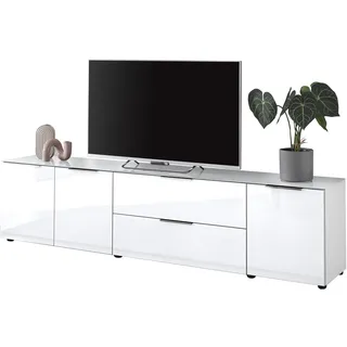 SANTORIN TV-Lowboard TV-Board in Weiß, TV-Schrank für Fernseher bis 77 Zoll | 226 x 55 x 40 cm (B/H/T), Front und Oberboden aus Glas, Wohnzimmer, viel Stauraum