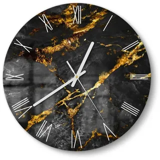 DEQORI Wanduhr 'Veredelter Naturstein' (Glas Glasuhr modern Wand Uhr Design Küchenuhr) goldfarben|schwarz 30 cm x 30 cm