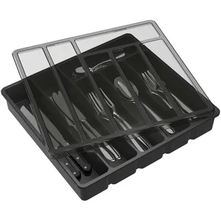 Lifewit Besteckkasten mit Deckel, Besteckaufbewahrung für Küchenschublade und Arbeitsplatte, Besteckkasten aus Kunststoff für Löffel, Gabeln, Messer, Einsatz, 6 Fächer, 32 x 30 cm, Schwarz