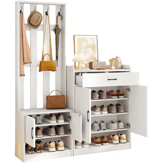 Garderoben-Set mit Schuhschrank und 4 Haken, 140x32x180, modernes Design für Flur, praktischer Stauraum, Weiß