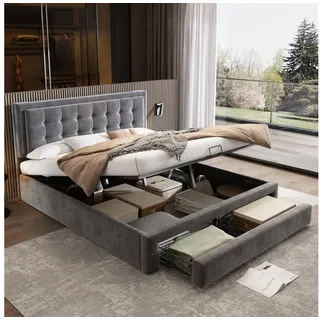 REDOM Polsterbett Doppelbett (1-tlg., großer Stauraum, 180 x 200,ohne Matratze), Bett mit Kasten und Schubladen, Samtstoff grau