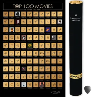 Divalis Rubbel Poster der Top 100 Filme - Bucket List Plakat Filme, die Man Gesehen Haben Muss - Rubbelposter der Filmliste - Top 100 Filmposter Rubbel - Top 100 Movies Scratch off Poster