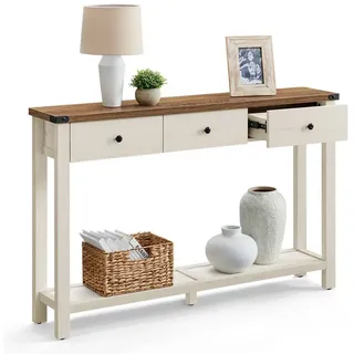 VASAGLE Konsolentisch Beistelltisch, schmaler Sofatisch, mit 3 Schubladen und einer Ablage, Landhausstil braun|weiß 24 cm x 76 cm x 120 cm