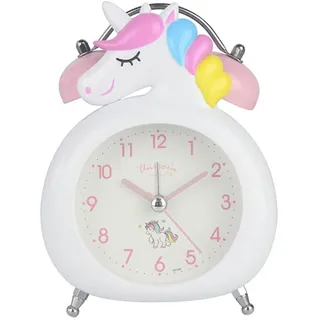 SWECOMZE Einhorn-Wecker für Mädchen und Kinder, niedliche Schlafzimmerdekoration, kein Ticken, geräuschloser Sekundenzeiger, mit Hintergrundbeleuchtung, super laute Doppelglocke, für Kinder (Weiß)