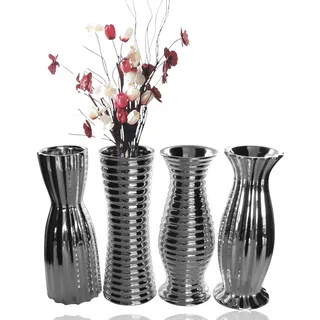 GlasArt 4er Set Keramik-Vase Silber-glänzend edel modern 22cm hoch, Wohnzimmer