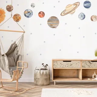 Mica-Mica Wandtattoo Weltraum - Raumschiff mit Planeten im Weltall - Universum | Stoff-Wandtattoos | 100% PVC-frei | Wanddeko, Wandaufkleber & Wandsticker | Deko fürs Kinderzimmer (STI-0247, XL)