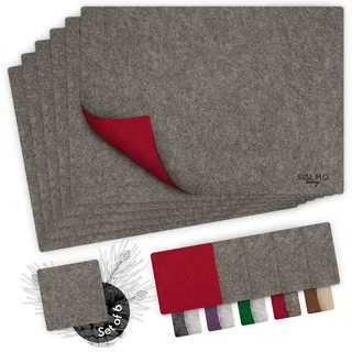 sølmo I 12er Premium Platzsets aus Filz - Eckig Zweifarbig - Tischset mit Untersetzer I Filzuntersetzer Platzdeckchen, Untersetzer Teller + Glas Untersetzer-Set, Grau Rot
