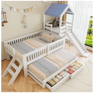 Merax Kinderbett 90×200cm mit Ausziehbett 90×190cm (Jugendbett Stockbett Etagenbett, 1-tlg), Hausbett mit 2 Schubladen, Rutsche,Leiter, Stoffdach, Massivholzrahmen weiß