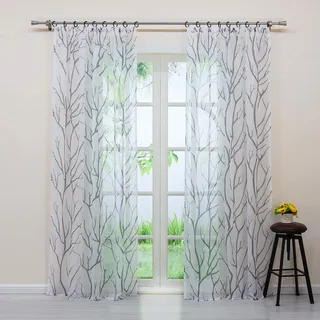 Delien Voile Gardine mit modernem Branch Muster transparente Gardinen mit Kräuselband Wohnzimmer Gardinenschals 225x140 cm Grau 1 St.