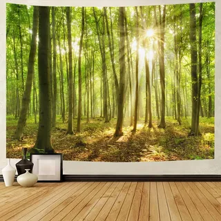 BCughia Wandteppich Wald 150x130cm, Wandbehang Sonnenschein Baum Wandteppich Wandtuch Natur Landschaft Wanddeko für Schlafzimmer Wohnzimmer Wohnheim
